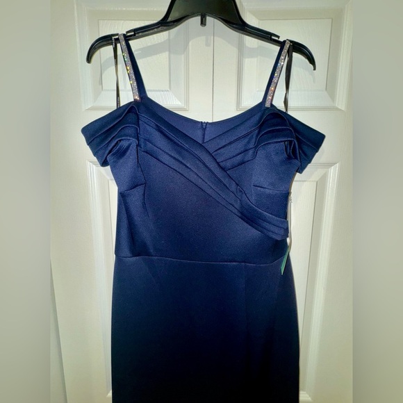 Alexa B Nights Elegant Navy Blue Off-Shoulder rhinestone strap gown Sz. 12P NWT - Picture 2 of 11
